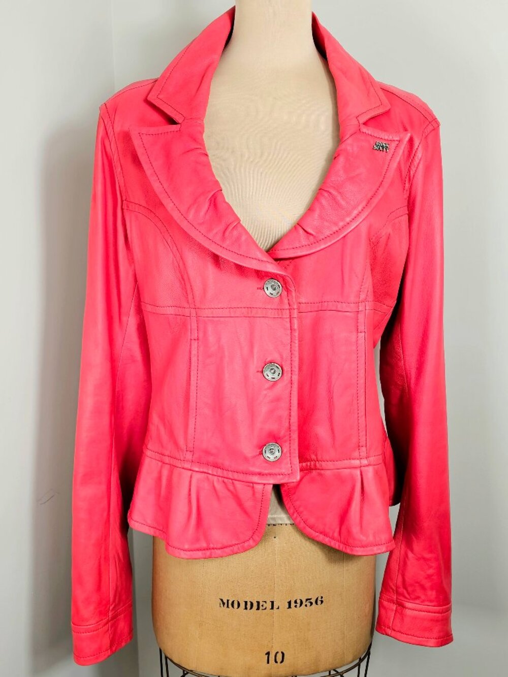 Miss Sixty Coral Leather Jacket Ruffle Lapel Peplum Moto Jacket Y2K XXL